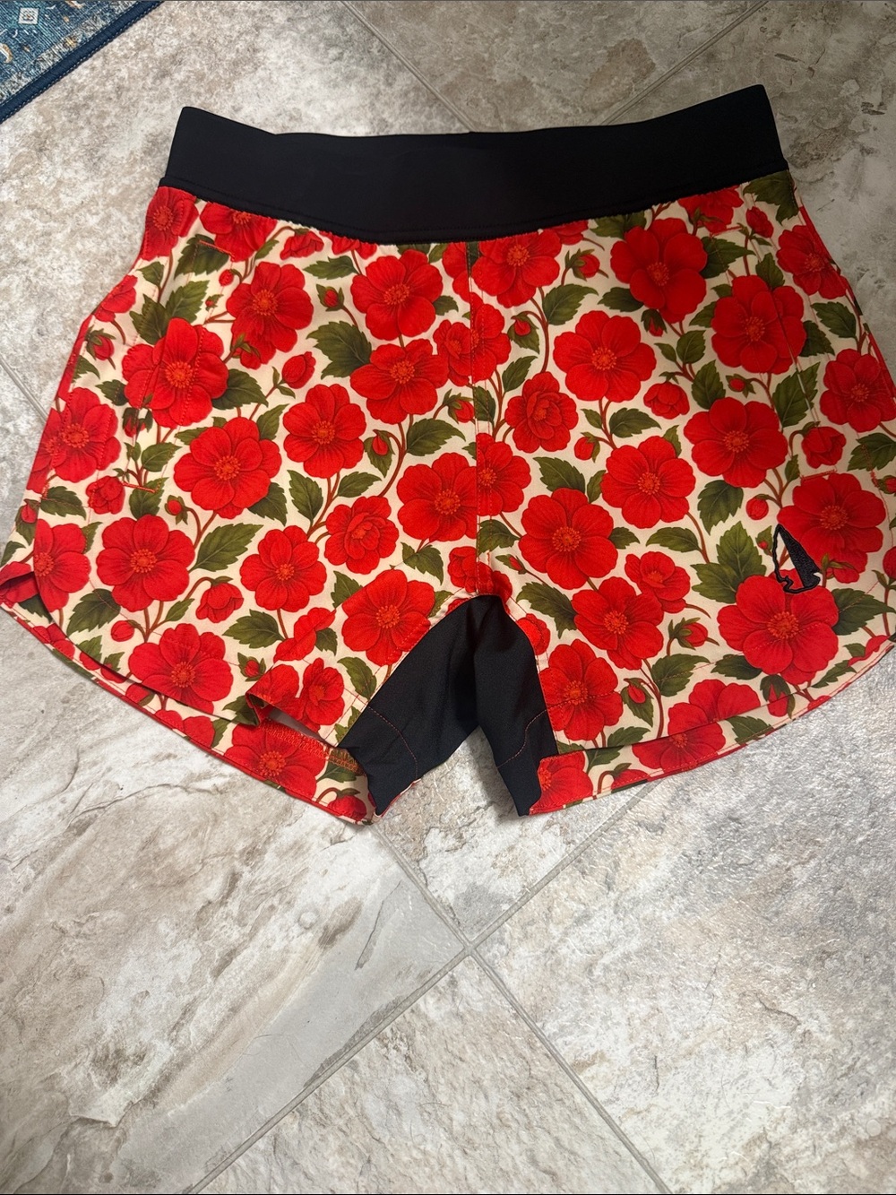 Red Floral Athletic Shorts with Black Waistband
